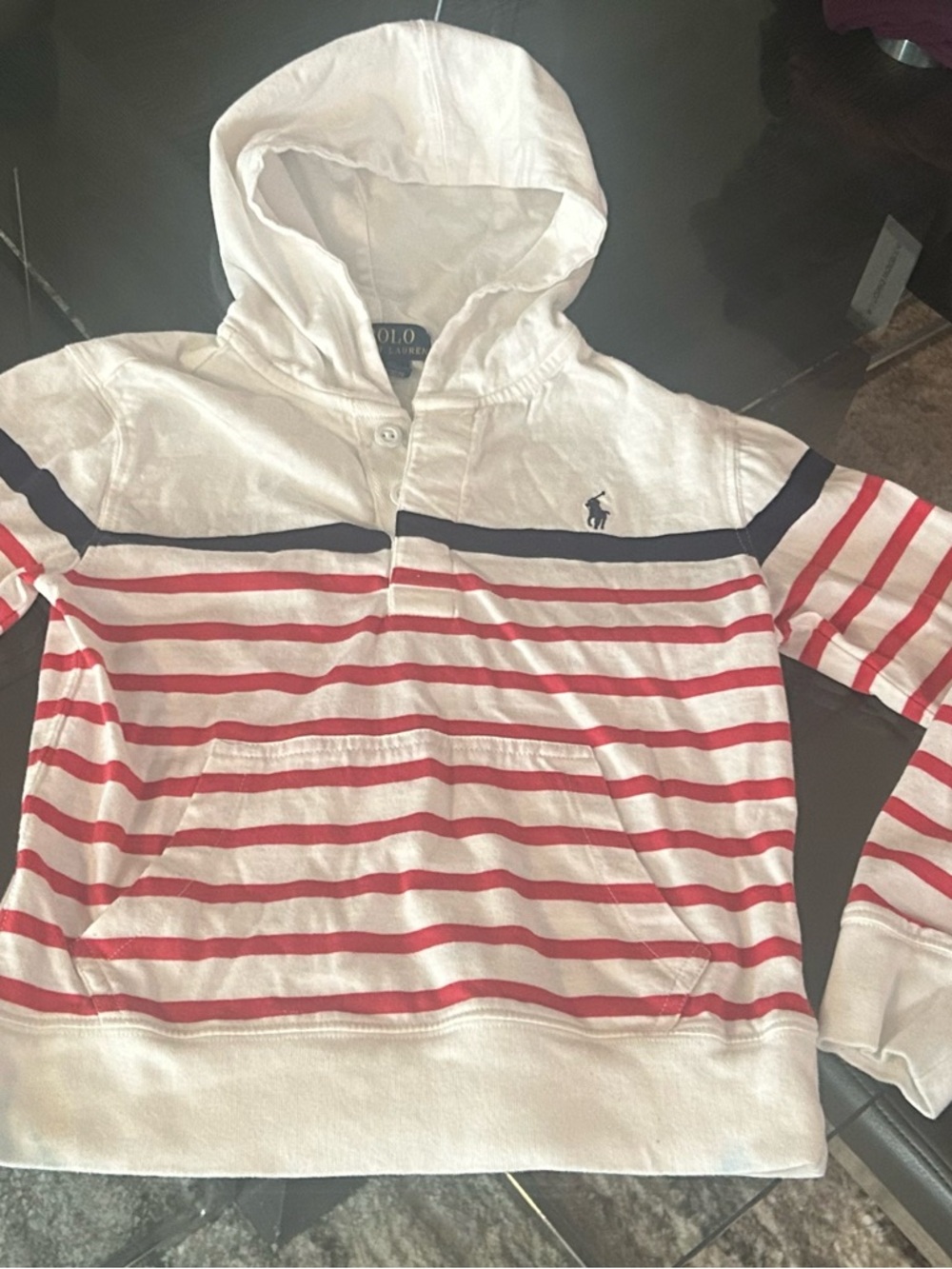 Polo by Ralph Lauren White Hooded Pullover with Red Stripes and Navy Accent